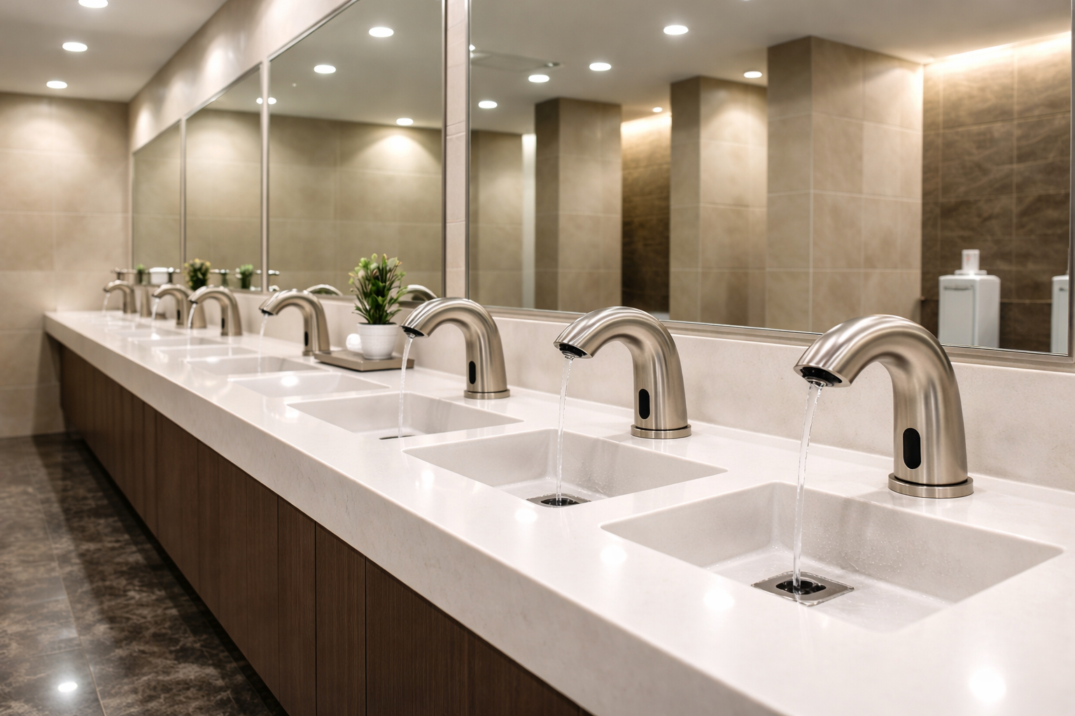 High-traffic commercial restroom demonstrating system-level touchless faucet integration